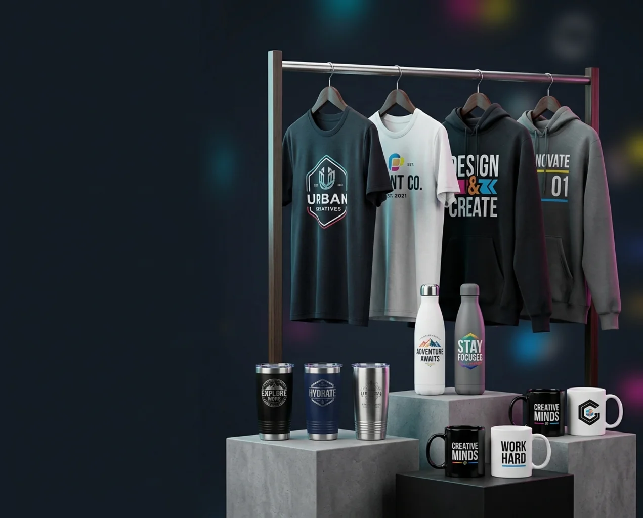 Custom branded t-shirts, hoodies, tumblers, water bottles and mugs on display