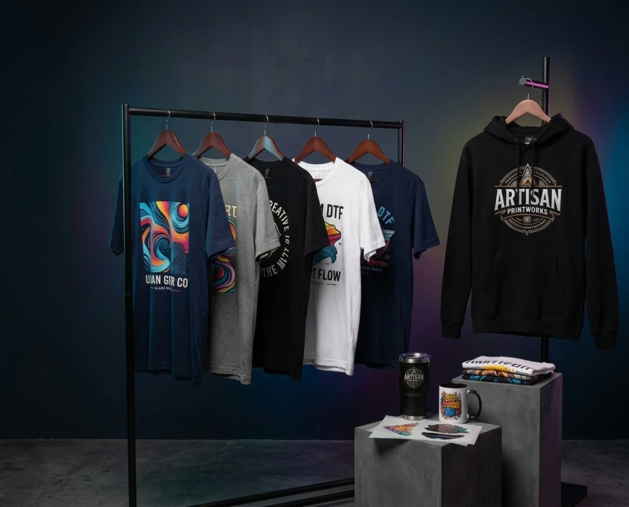 Custom DTF printed t-shirts, hoodie, tumbler and mug in a print shop display
