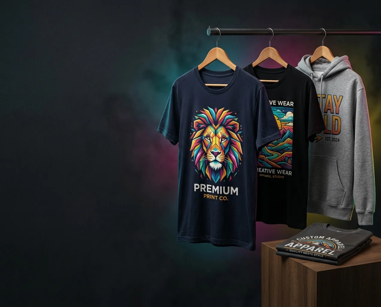 Custom printed graphic t-shirts and hoodie hanging on a clothing rack