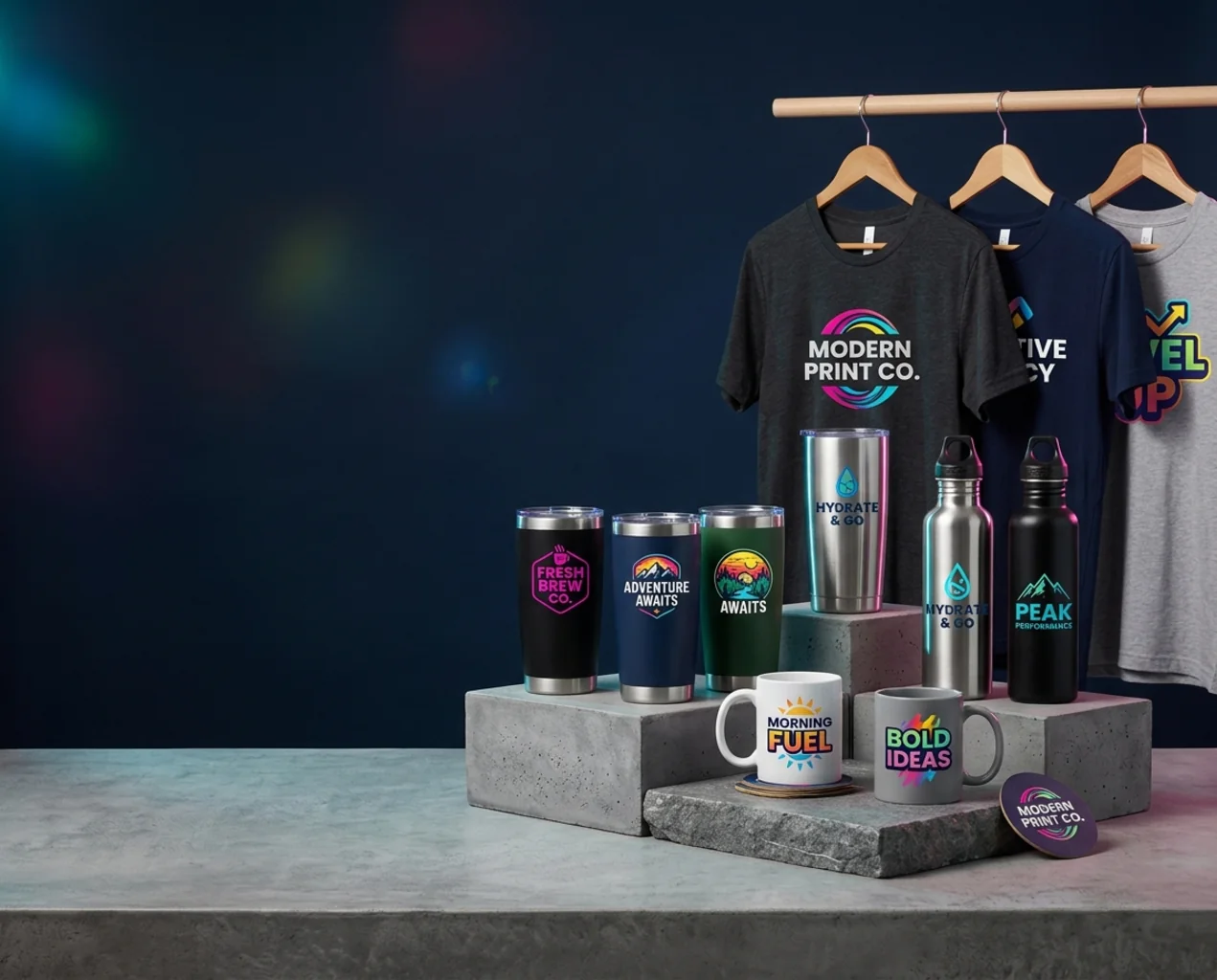 Custom logo t-shirts, tumblers, mugs and water bottles with full-color prints